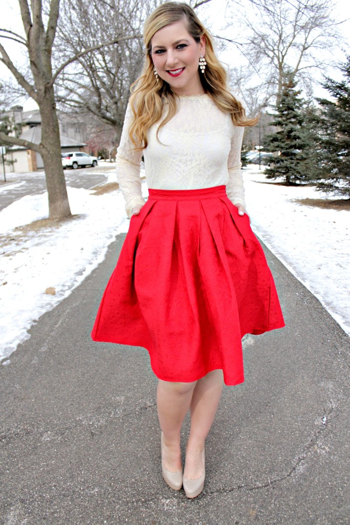 lace top, red skirt
