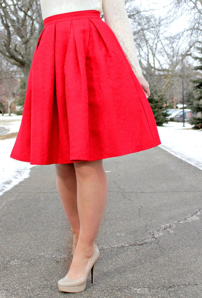 red skirt and nude heels