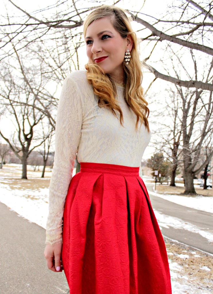 valentine's day_ lace long sleeve top and red skirt