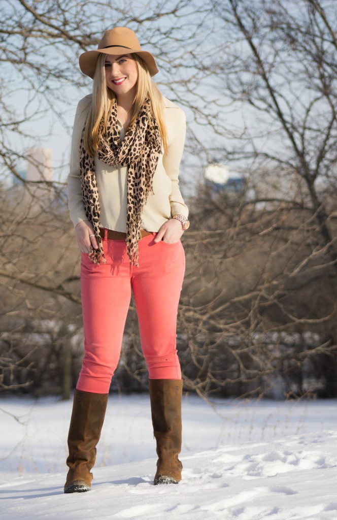 Coral jeans + beige blouse + leopard scarf