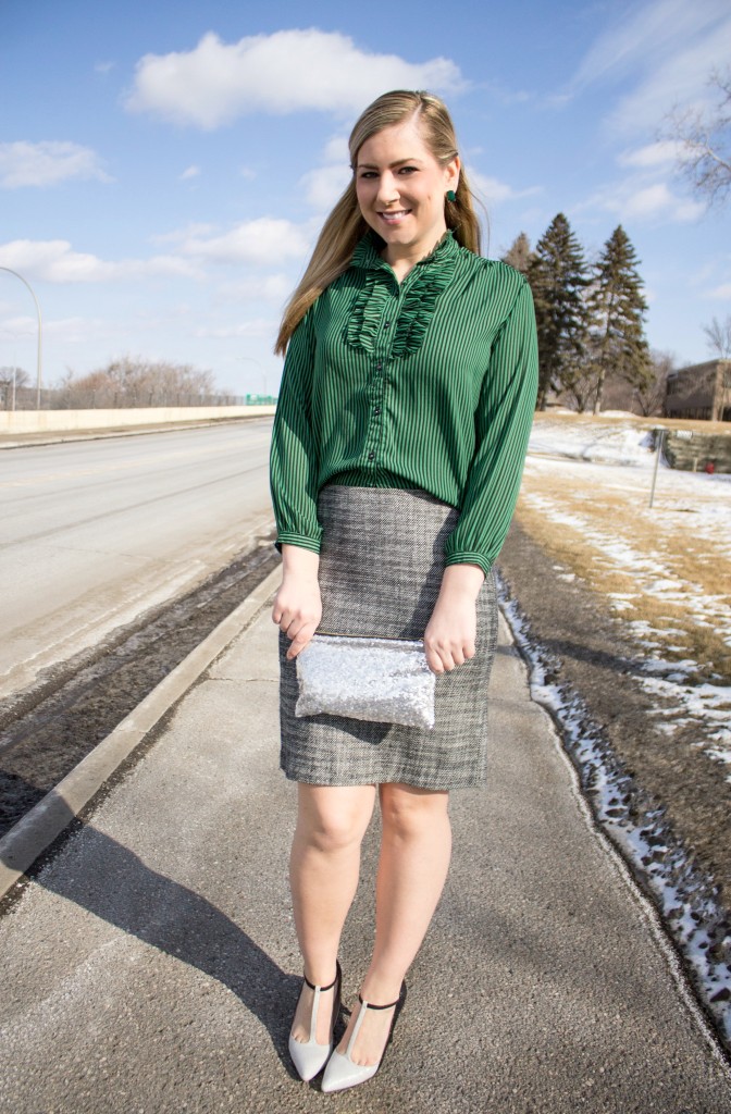 Green top, tweed skirt, t-strap heels