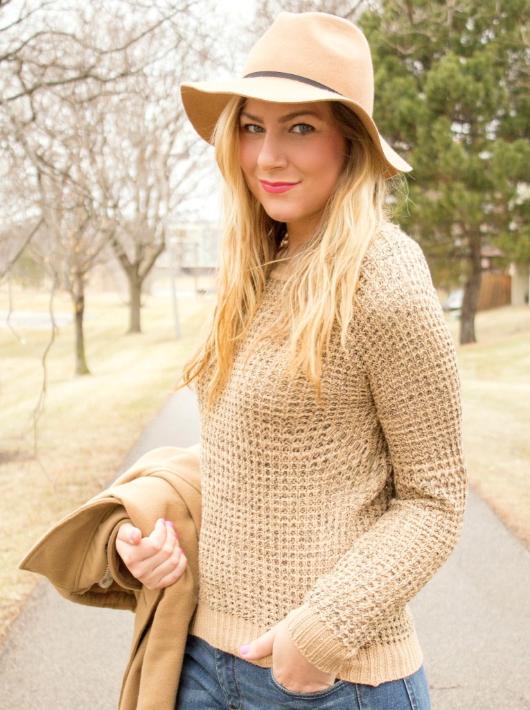 camel sweater and hat