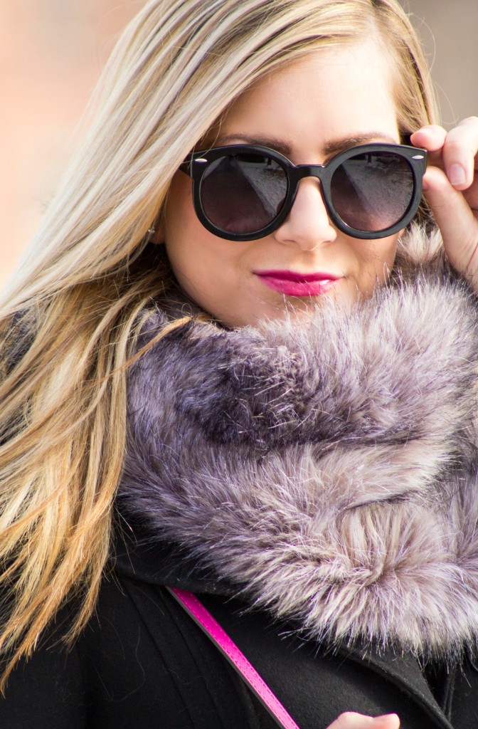 faux fur and pink lipstick
