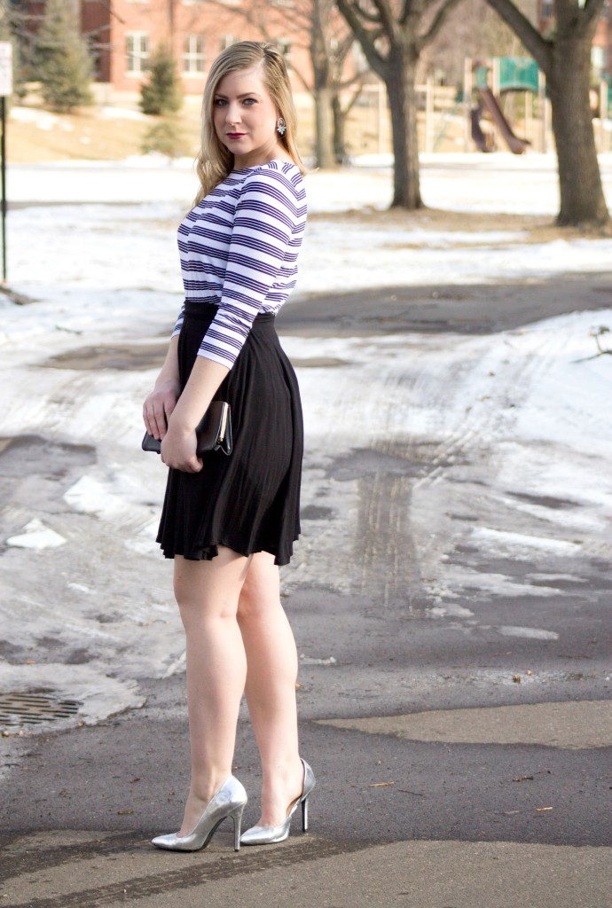 stripes + silver heels + statement earrings