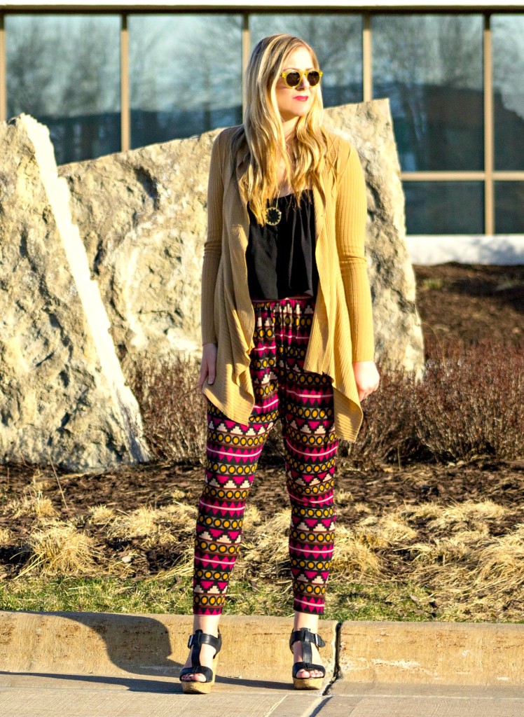 long cardigan, printed pants, wedges and DITTO sunglasses