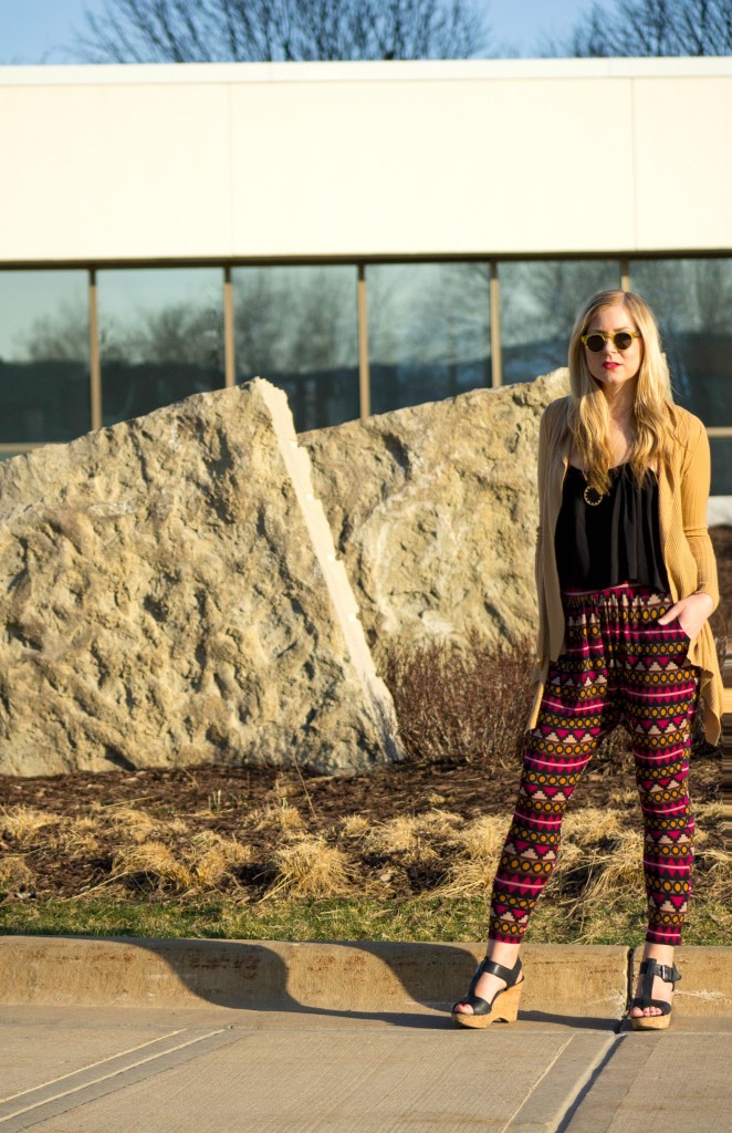 printed pants and wedges