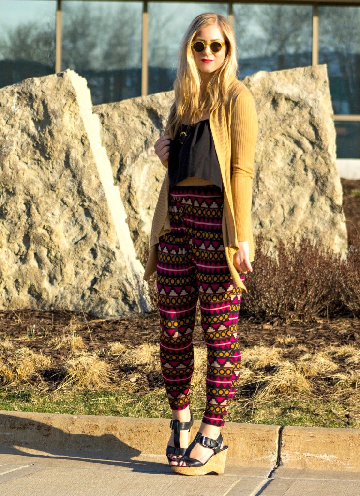 printed pants, long cardigan