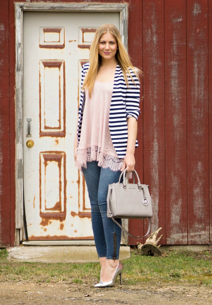 casual outfit - navy striped blazer  Rachel's Lookbook