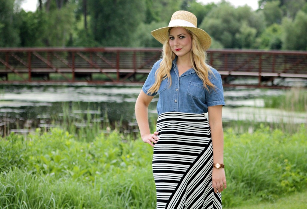 chambray top, striped skirt, wood watch
