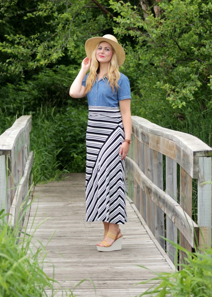 striped skirt, wedges and wood watch