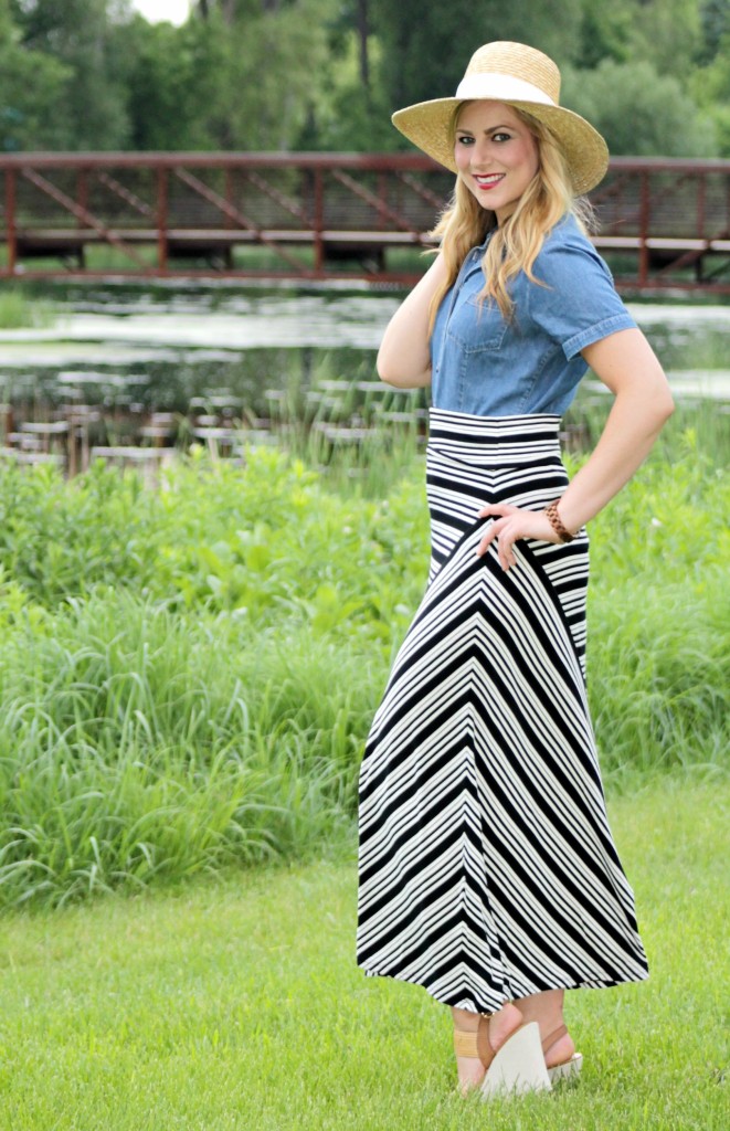 summer style hat, chambray and striped skirt
