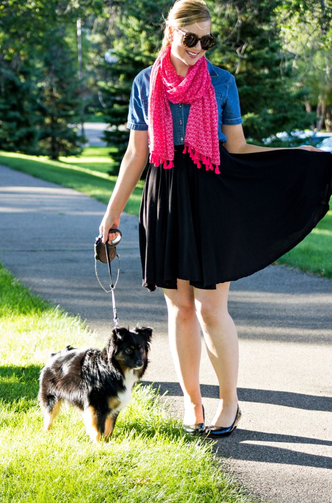 pink scarf, chambray top, black skirt