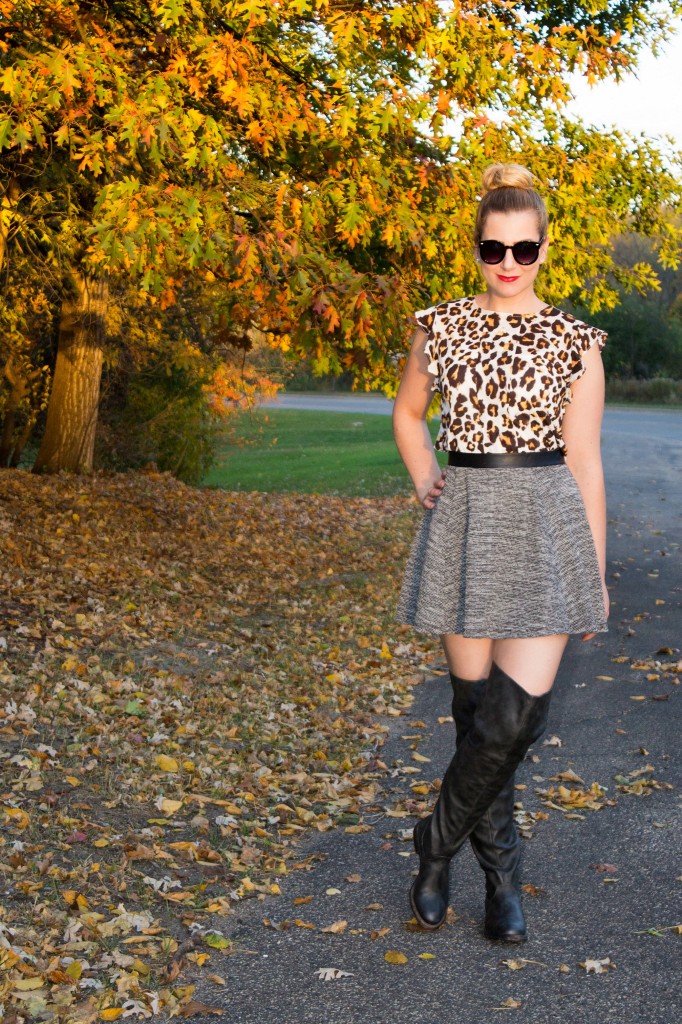 Fall Style, Leopard Top, Tweed Skirt and OTK Boots
