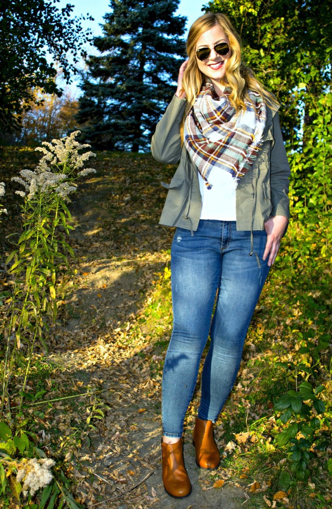 Jeans + Jacket + Blanket Scarf