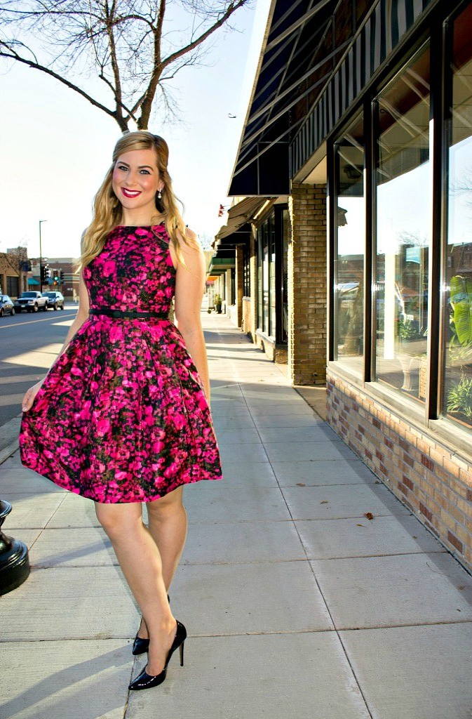 Black and Pink Floral Fit and Flare Dress