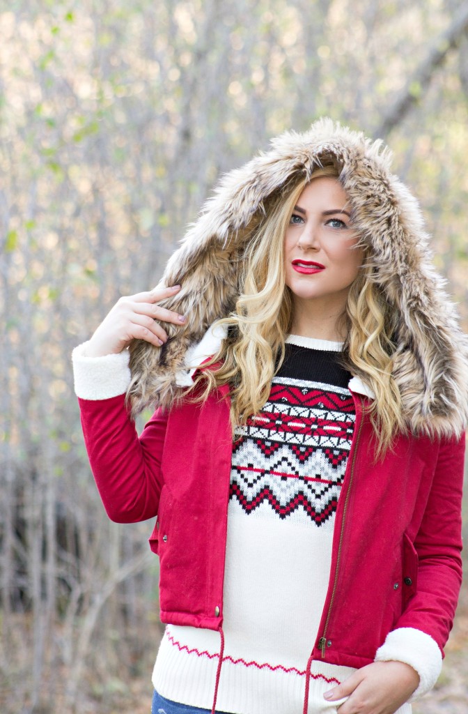 Red Faux Fur Coat & Fair Isle Holiday Sweater