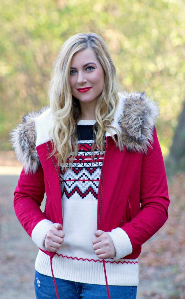 Red Faux Fur Hooded Coat + Holiday Sweater