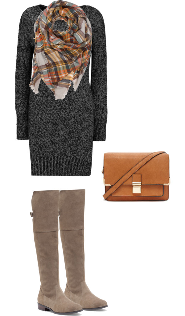 Sweater Dress + Blanket Scarf + OTK Boots