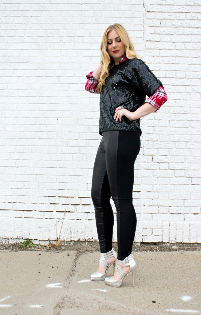 Faux Leather Leggings + sequin shirt