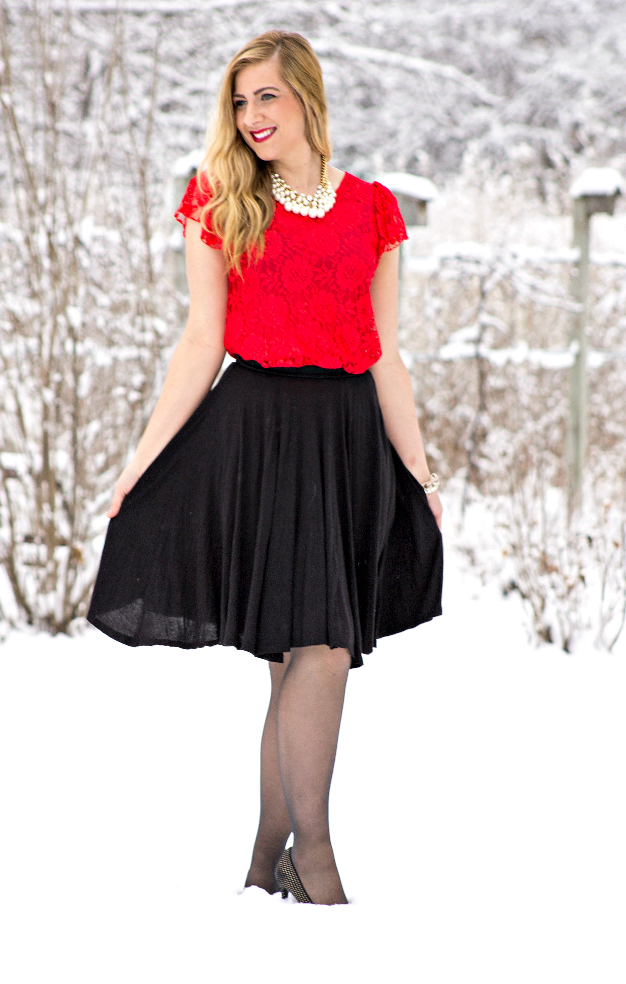 Red Lace Top + Black Skirt + Pearl Necklace