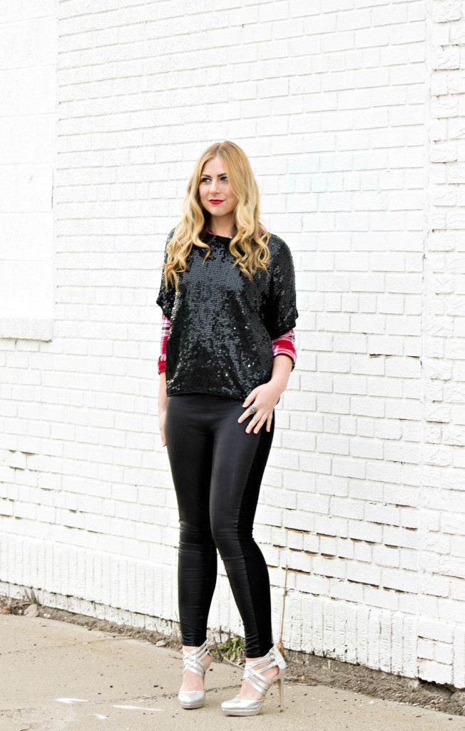 Sequin Shirt, Plaid Top, Faux Leather Leggings