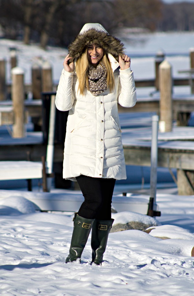 White Puffer Coat + Green Rainboots