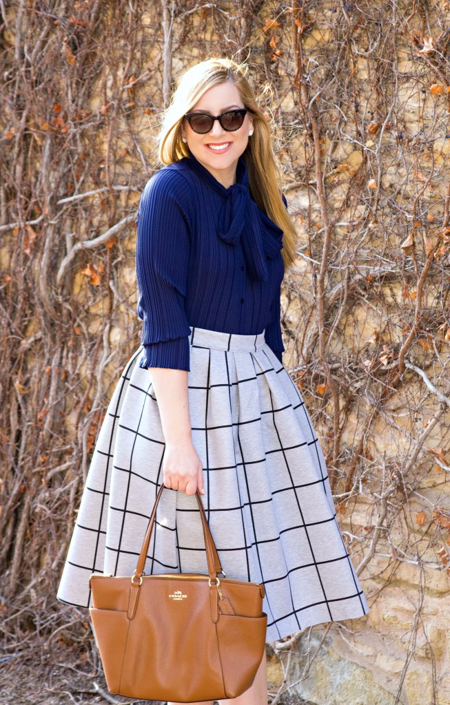 Bow-tie Blouse + Grid Print Skirt