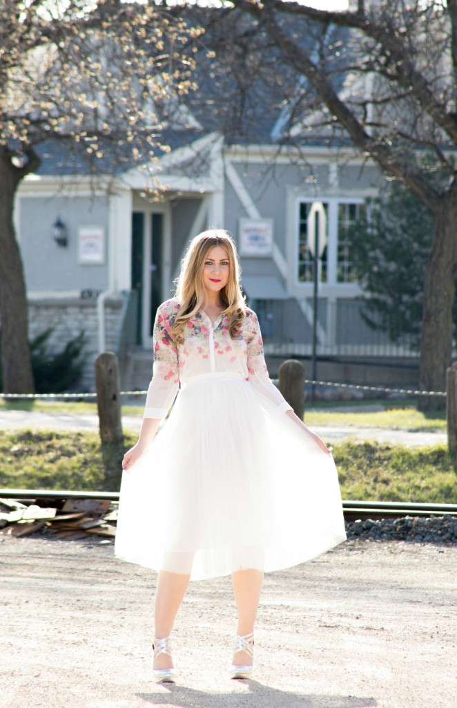 Floral Blouse, White Tulle Skirt, Silver Heels
