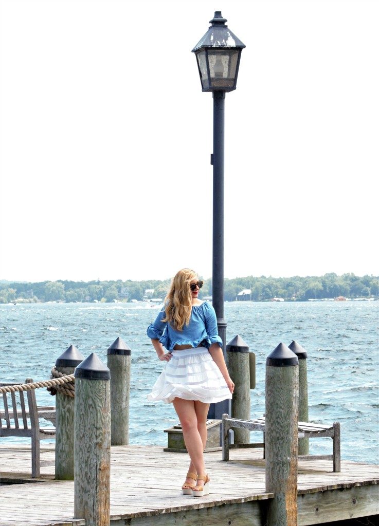 Chambray top and white skirt