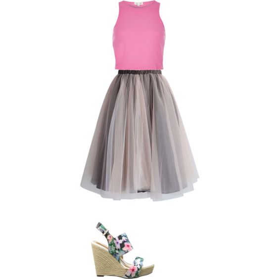 Going Out Style - Pink Crop Top, Mesh Tulle Skirt and Wedges