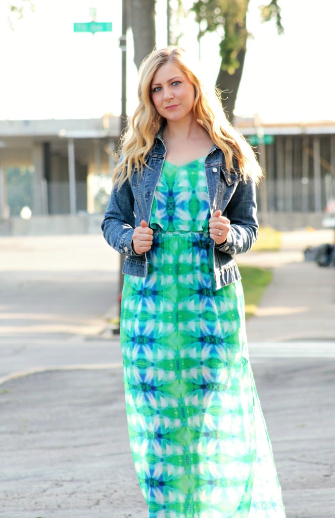 Dark Denim Jacket + Blue and Green Maxi Dress