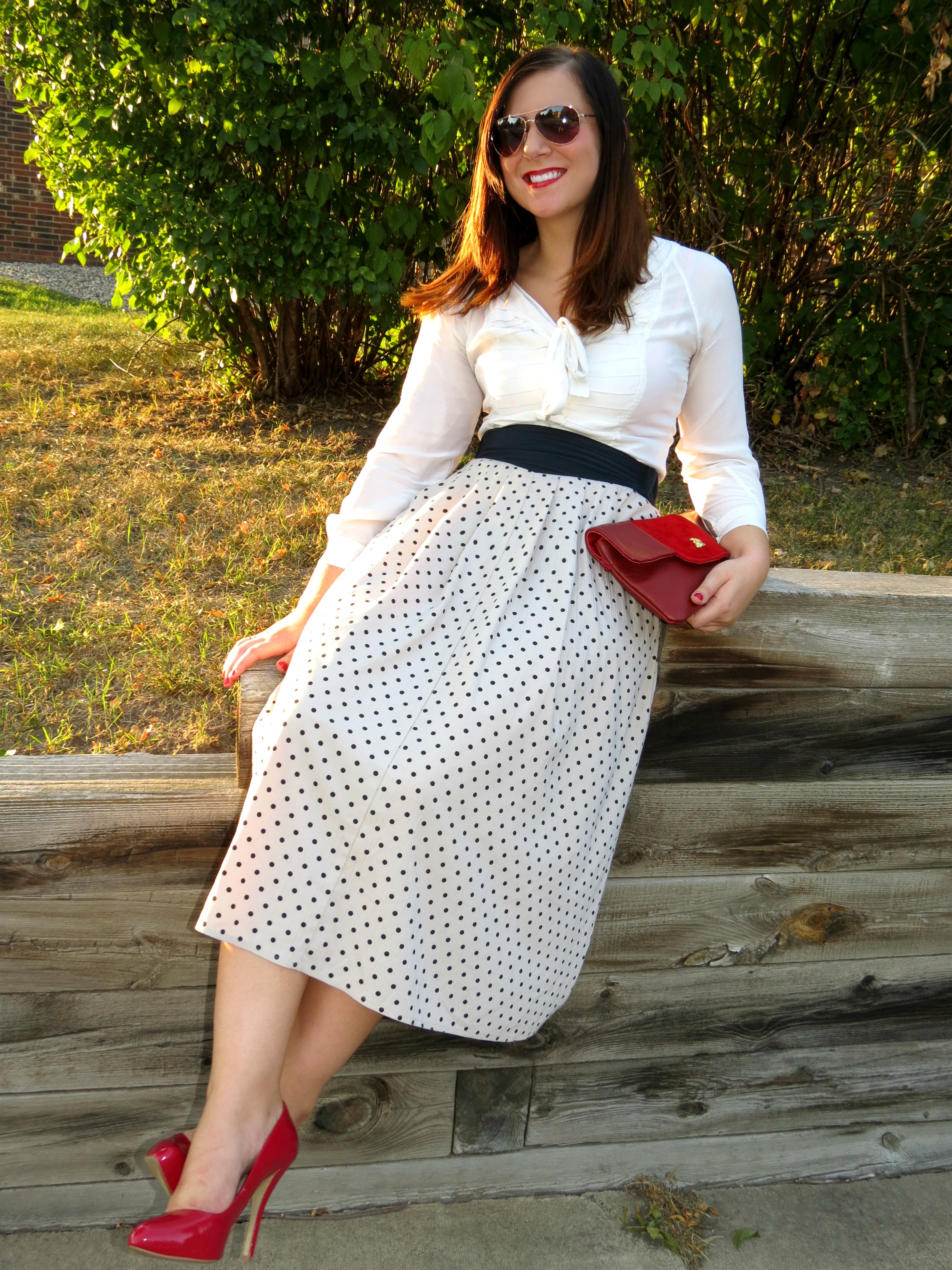 white polka dot skirt outfit