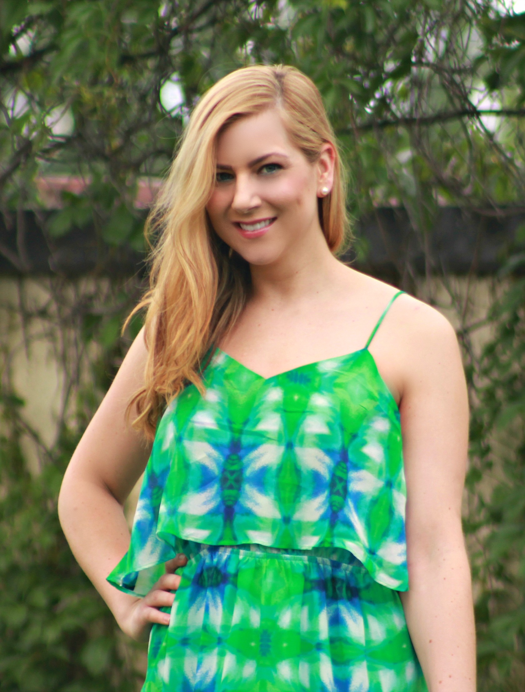 blue and green patterned maxi dress for summer