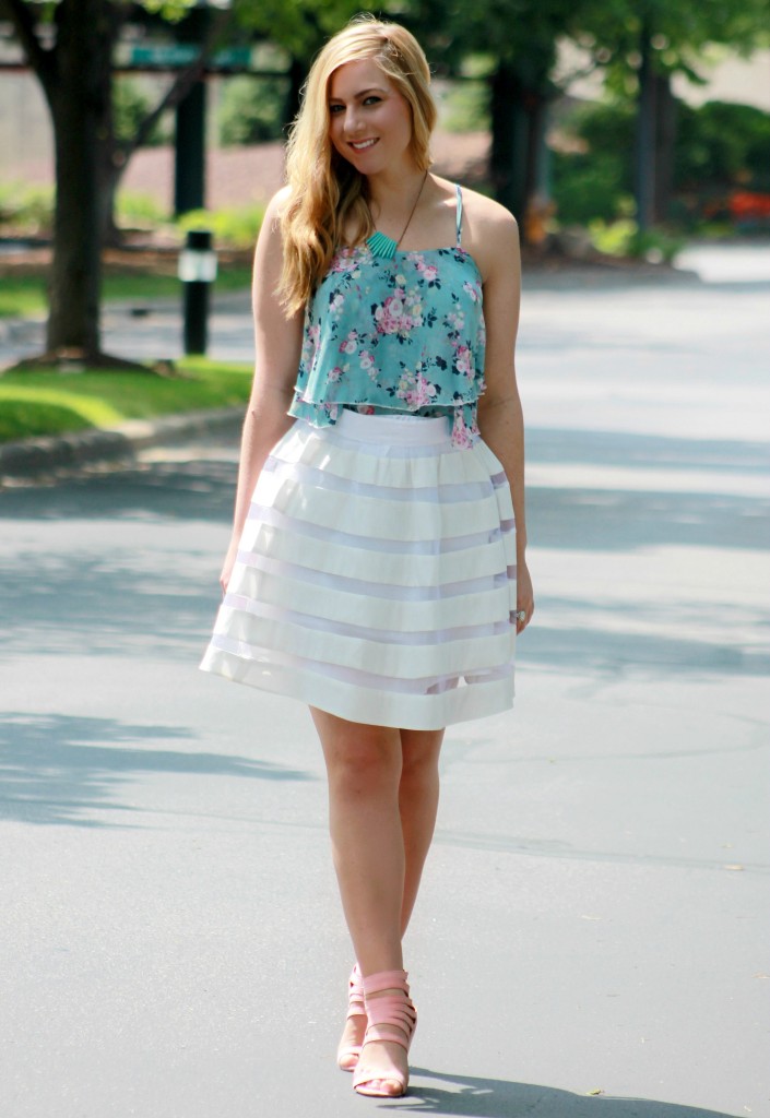 floral blouse + white skirt
