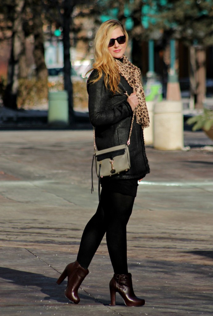 black jacket, leopard scarf, black tights and booties