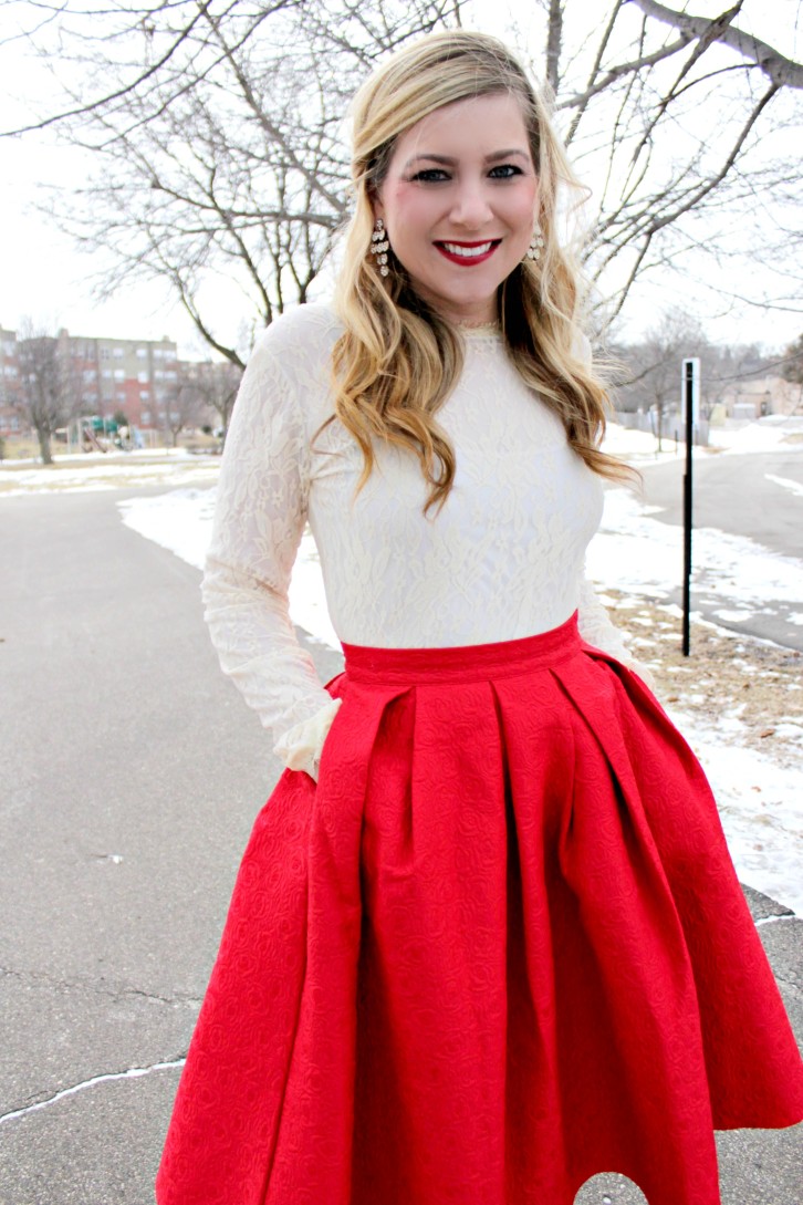 Ivory Lace & Red Pleated Skirt: Valentine's Day Look - Rachel's Lookbook