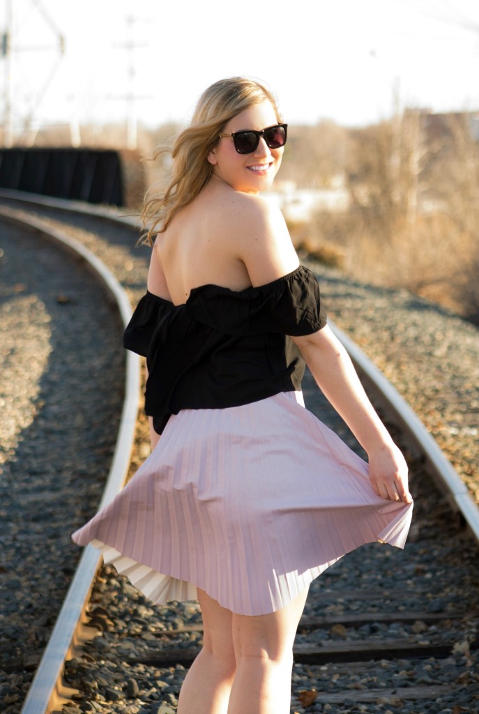 off the shoulder top + faux leather pleated skirt