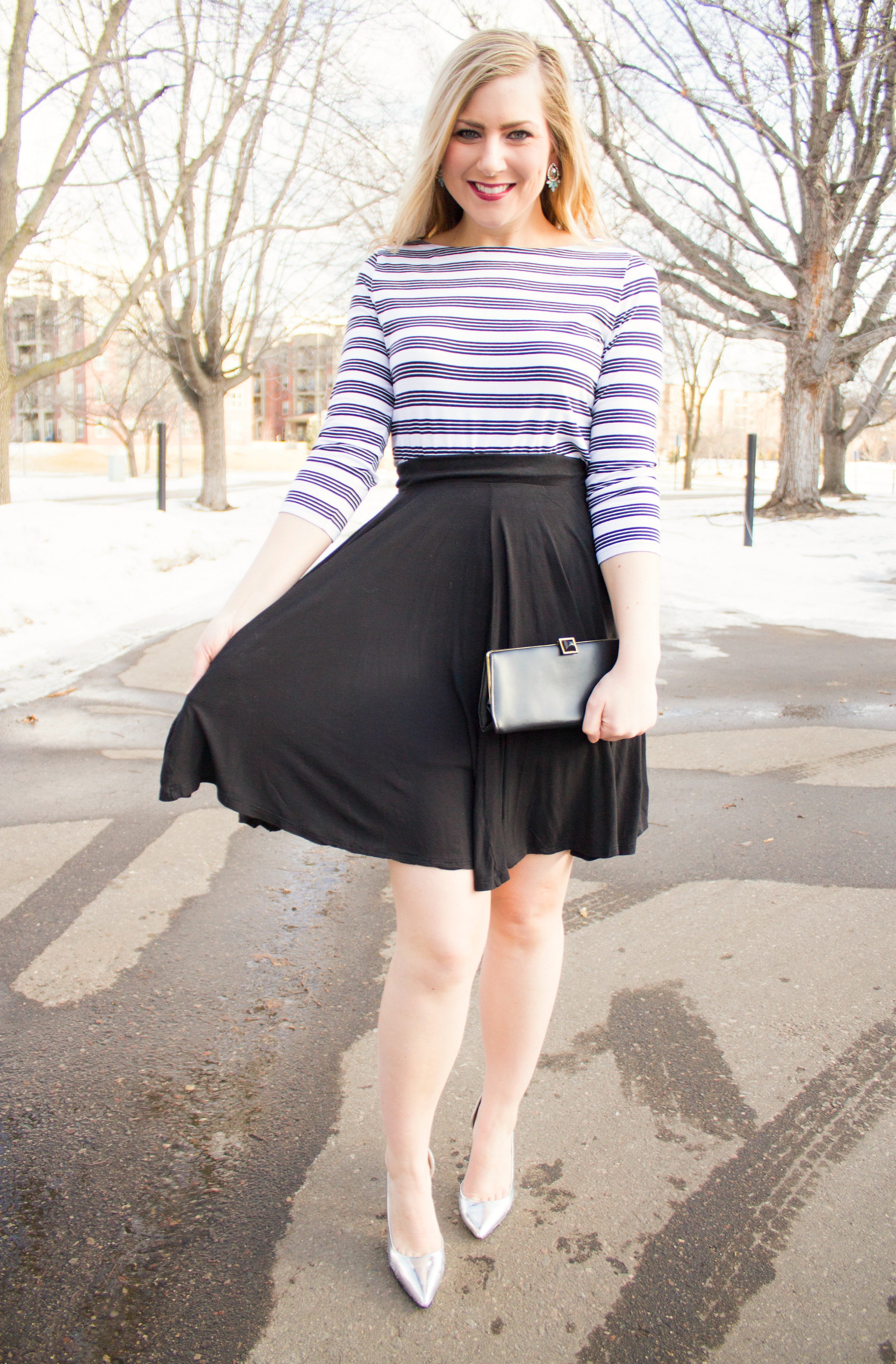 striped top, flowy black skirt, metallic heels - Rachel's Lookbook