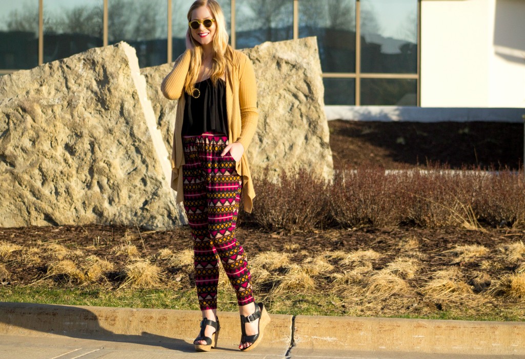 patterned pants, flowy top and long cardigan