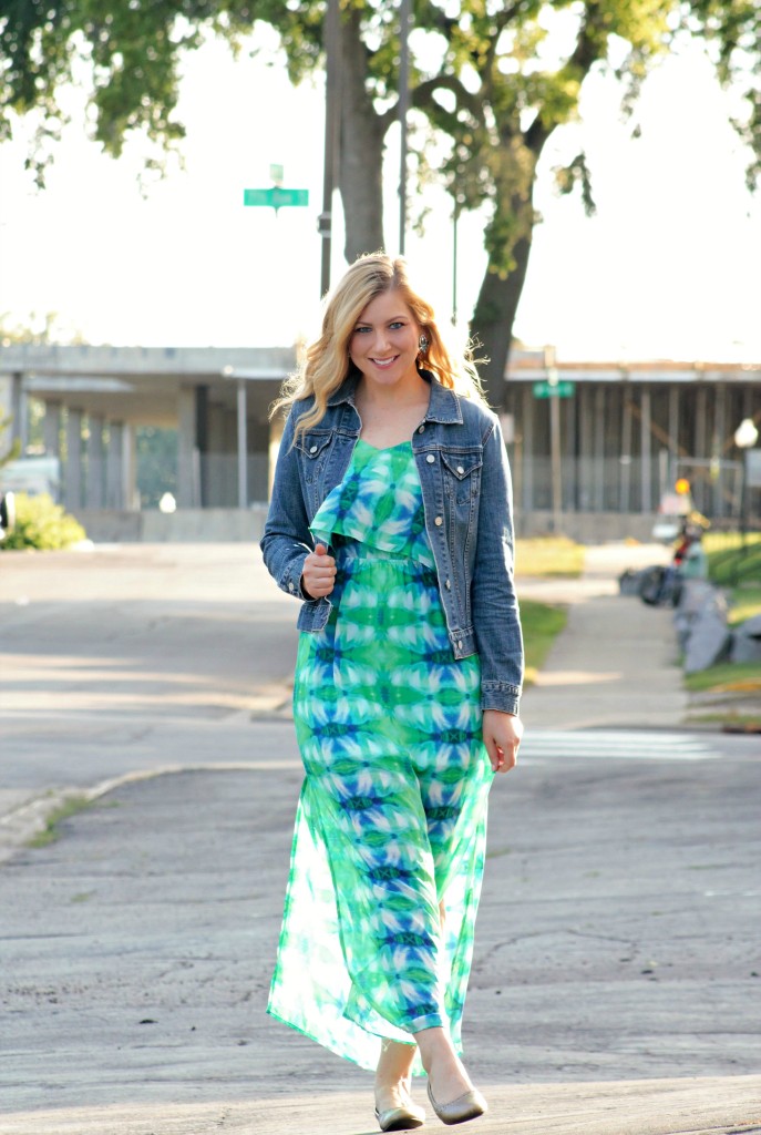 jean jacket and maxi dress