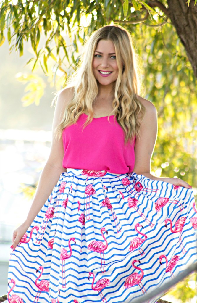 pink tank top, flamingo print skirt